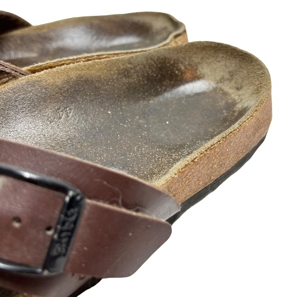 BIRKENSTOCK BIRKI'S Brown Genuine Leather Criss Cross Slides Sandals Shoes sz 6 - Picture 8 of 16